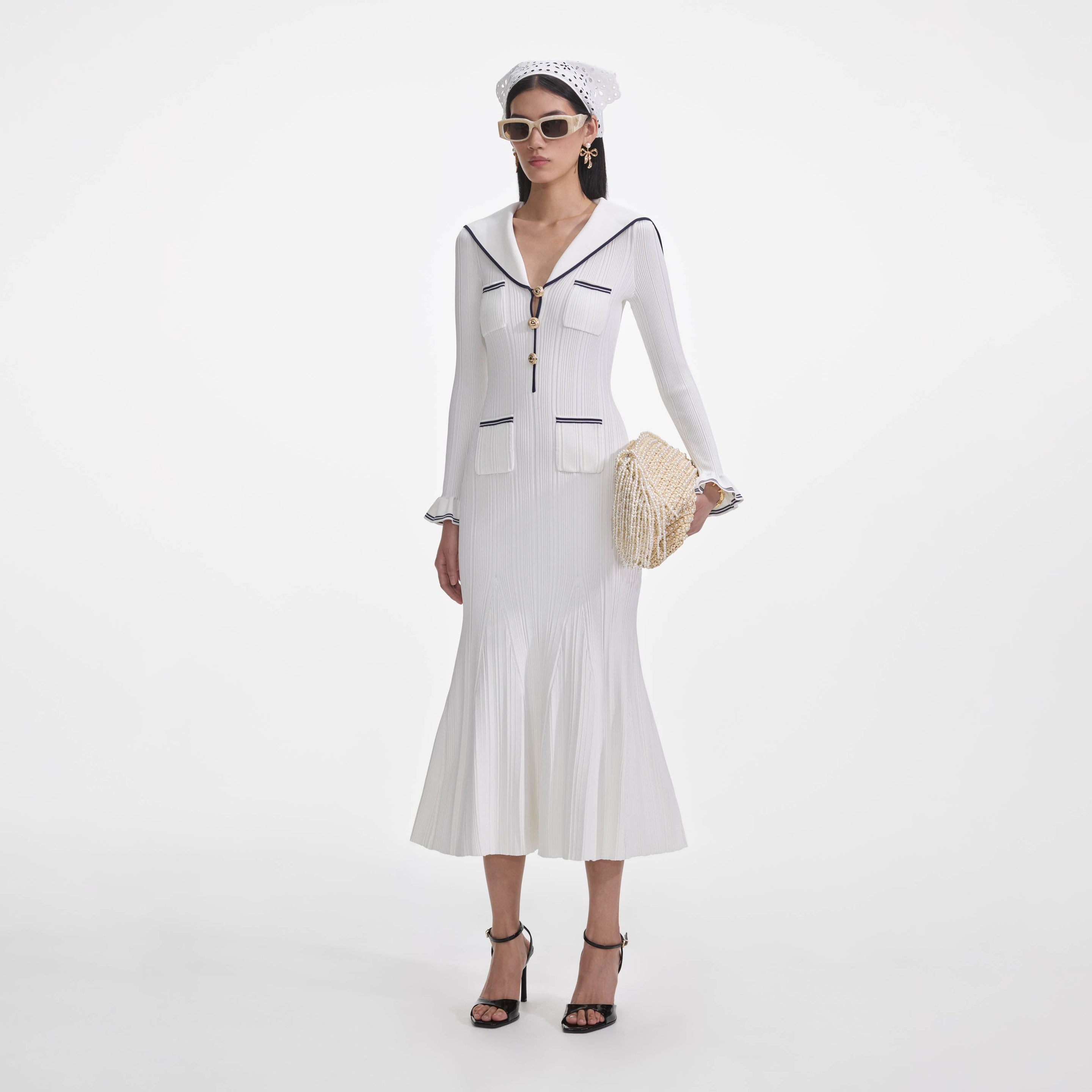 White Viscose Rib Knit Midi Dress - 2