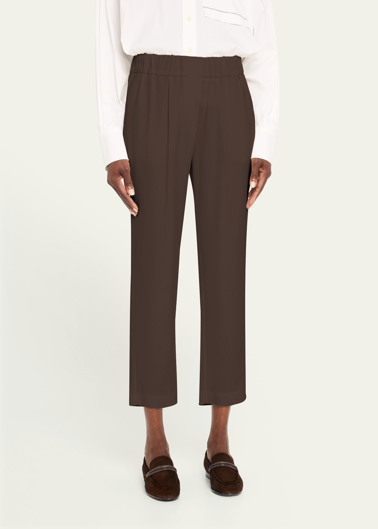 Silk Crepe Cady Tailored Straight-Leg Pull-On Pants - 4