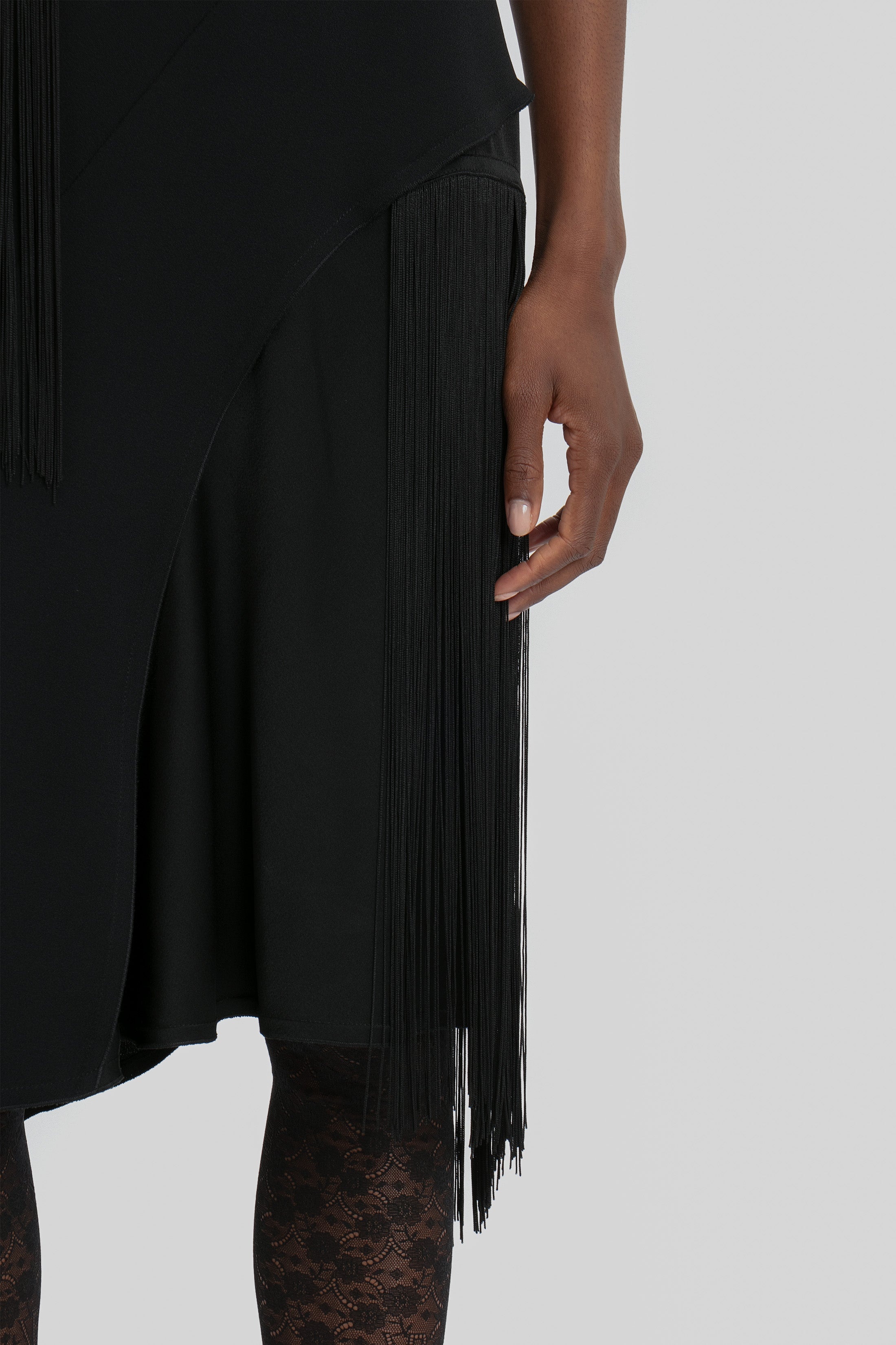 Asymmetric Fringe Mini Dress In Black - 6