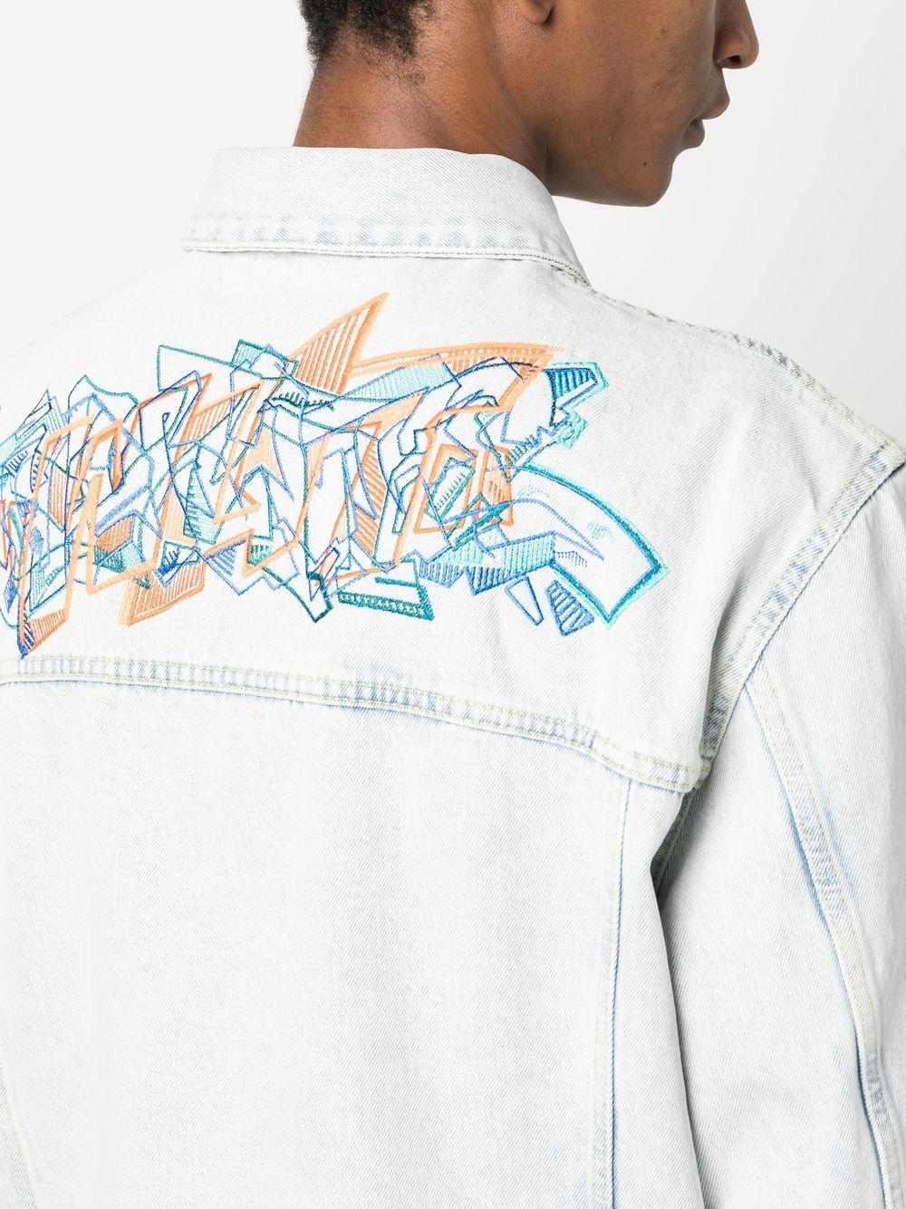 【送料&関税込】Off-White Printed Denim Jacket Printed denim jacket in blue - Off White Kids | Mytheresa