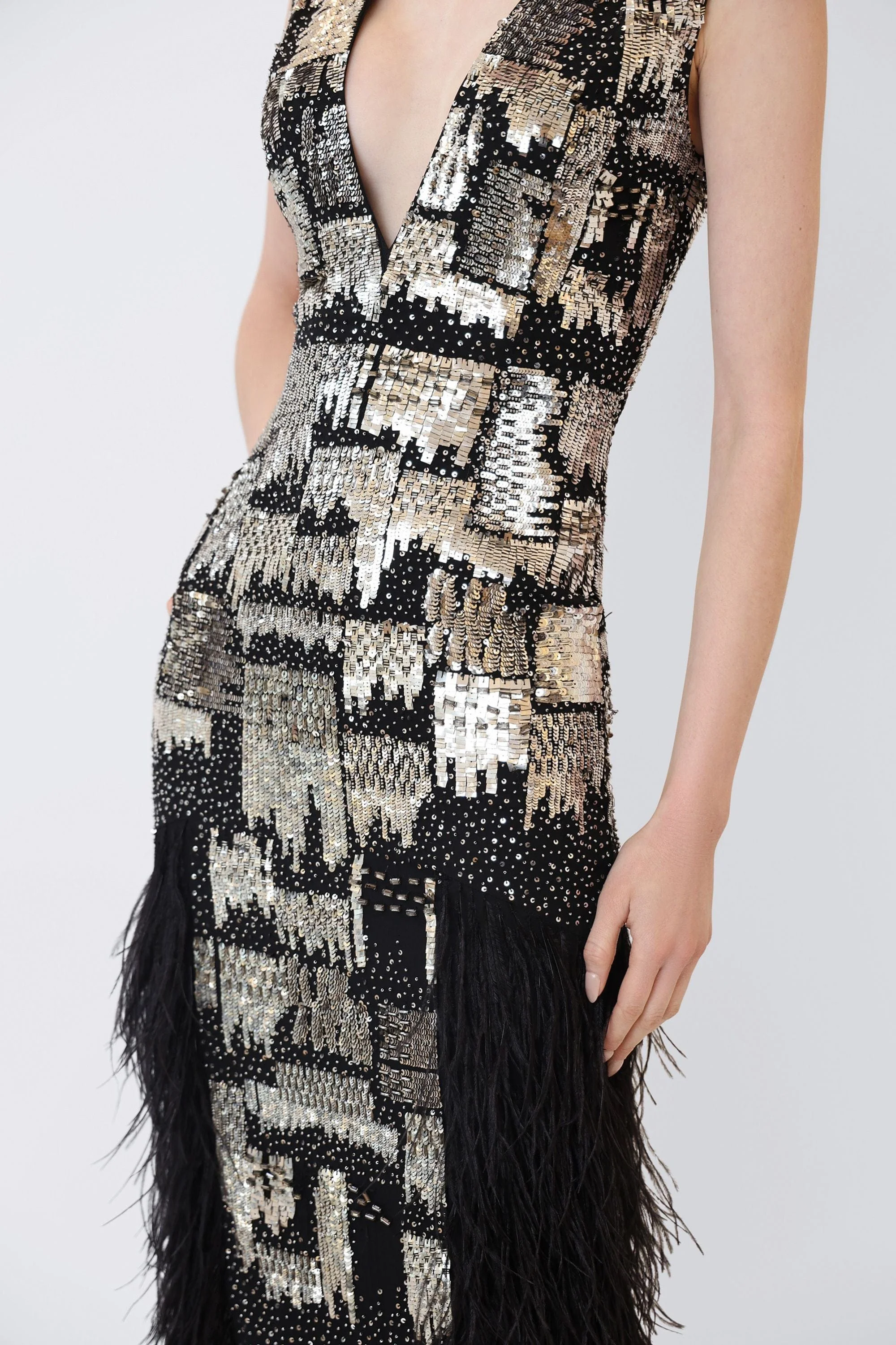 V Neck Dress With Feathers - 1