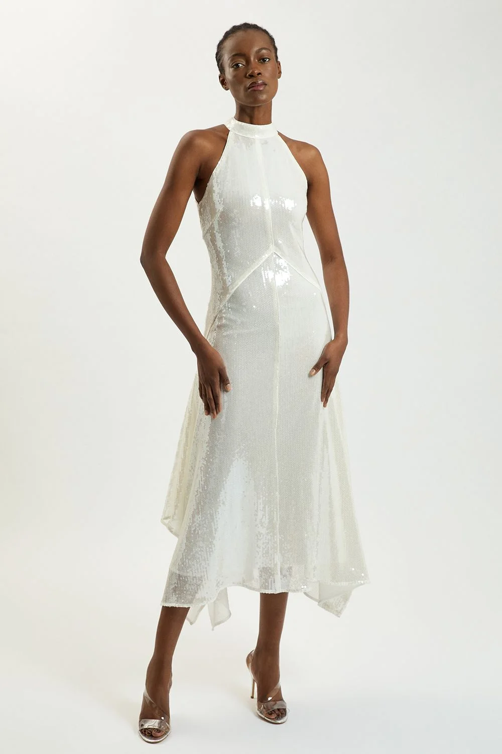 Petite Sequin Halter Neck Hanky Hem Maxi Dress - 1