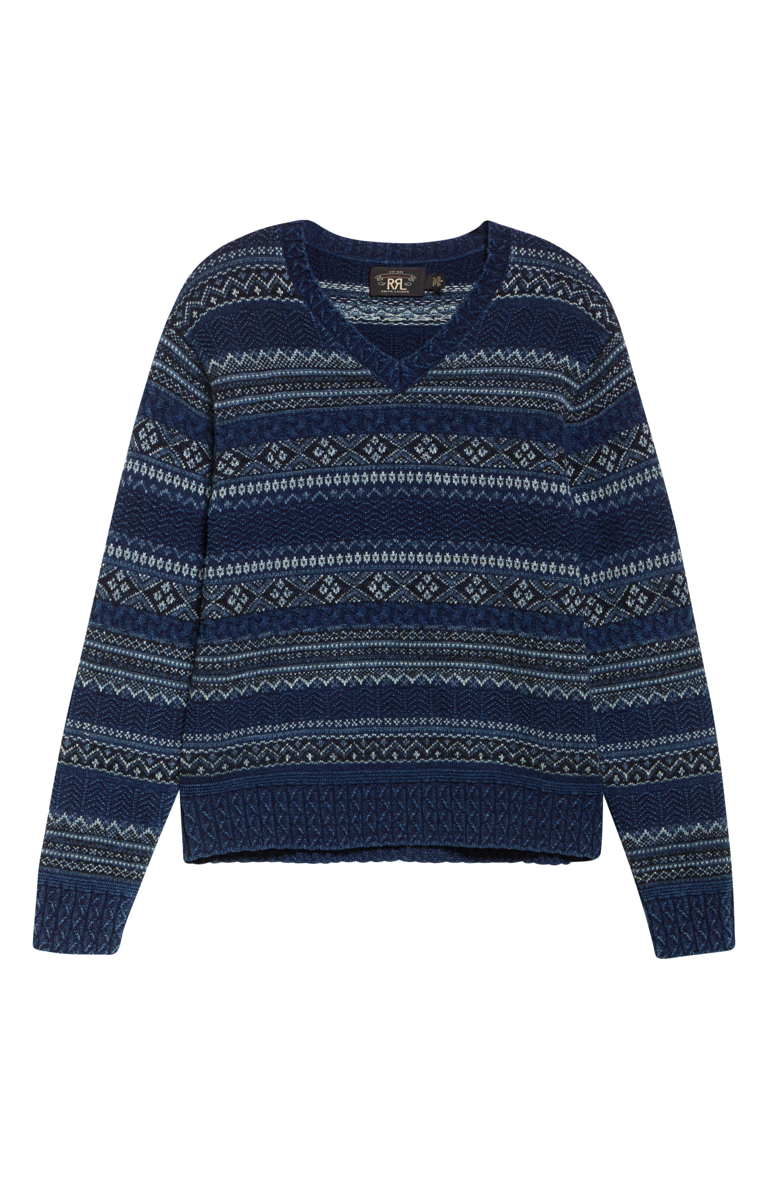 Double RL Indigo Stripe Cotton & Linen V-Neck Sweater in Indigo Multi at Nordstrom - 6