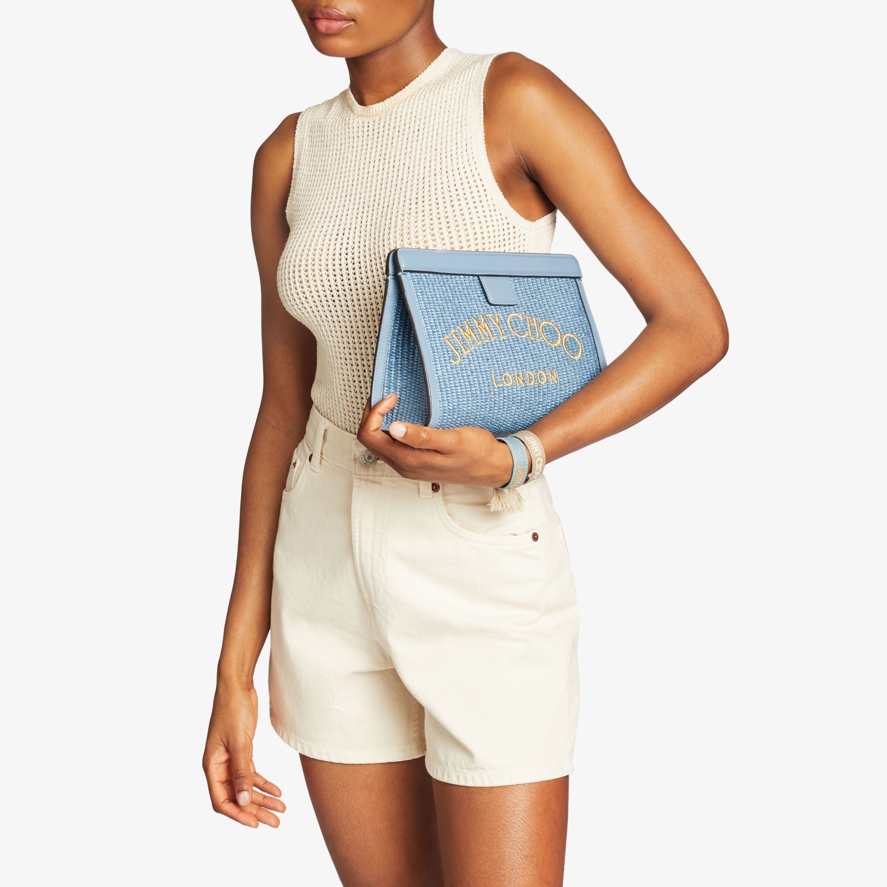 Varenne Pouch
Smoky Blue Raffia and Smooth Leather Pouch with Jimmy Choo Embroidery - 2