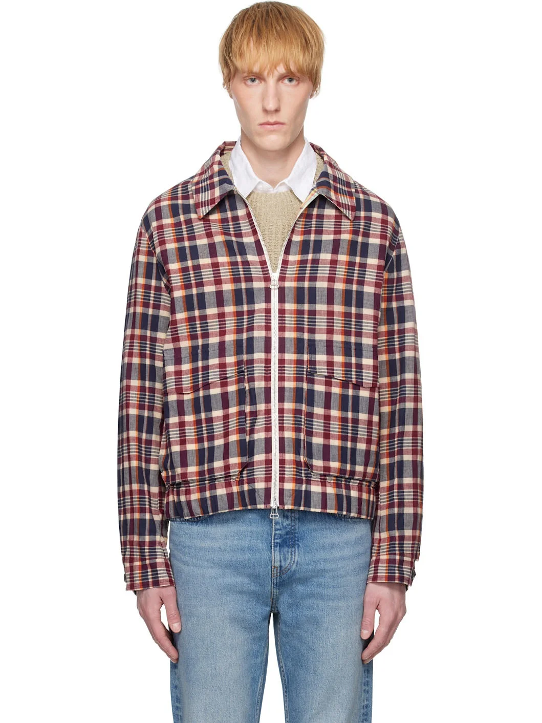 Red & Navy Waxed Madras Tennis Jacket - 1