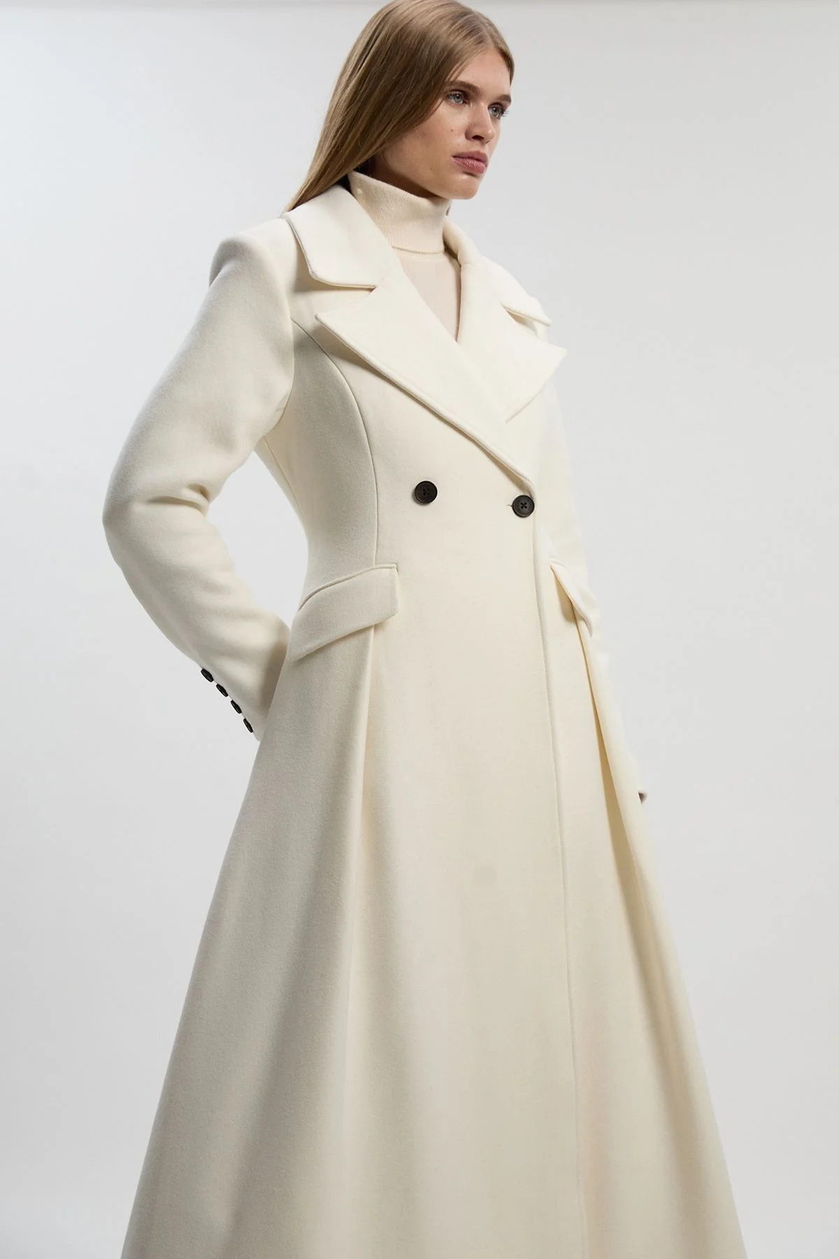 Wool Tailored Flared Skirt Midi Coat - 1