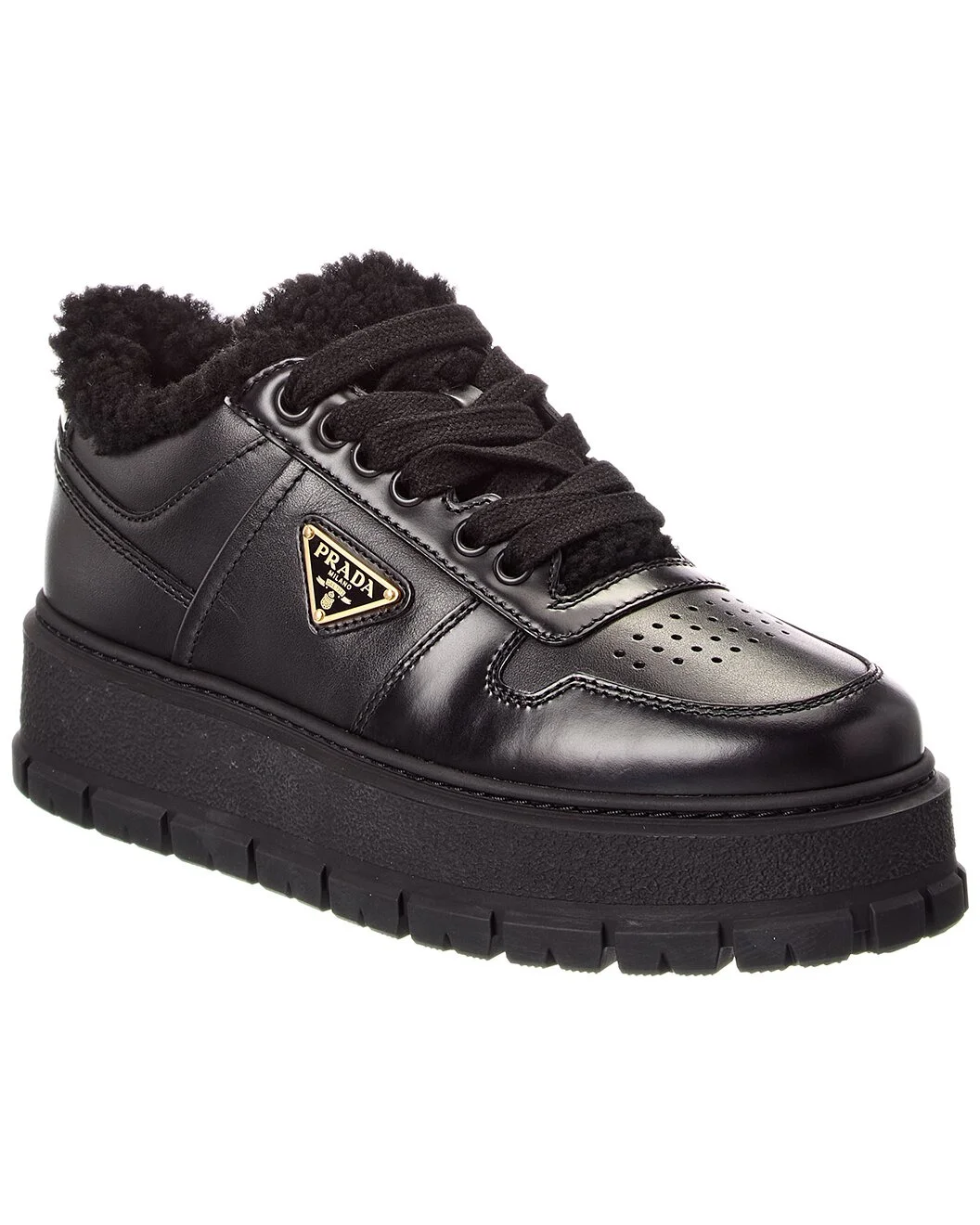 Prada Logo Leather & Shearling Platform Sneaker - 1
