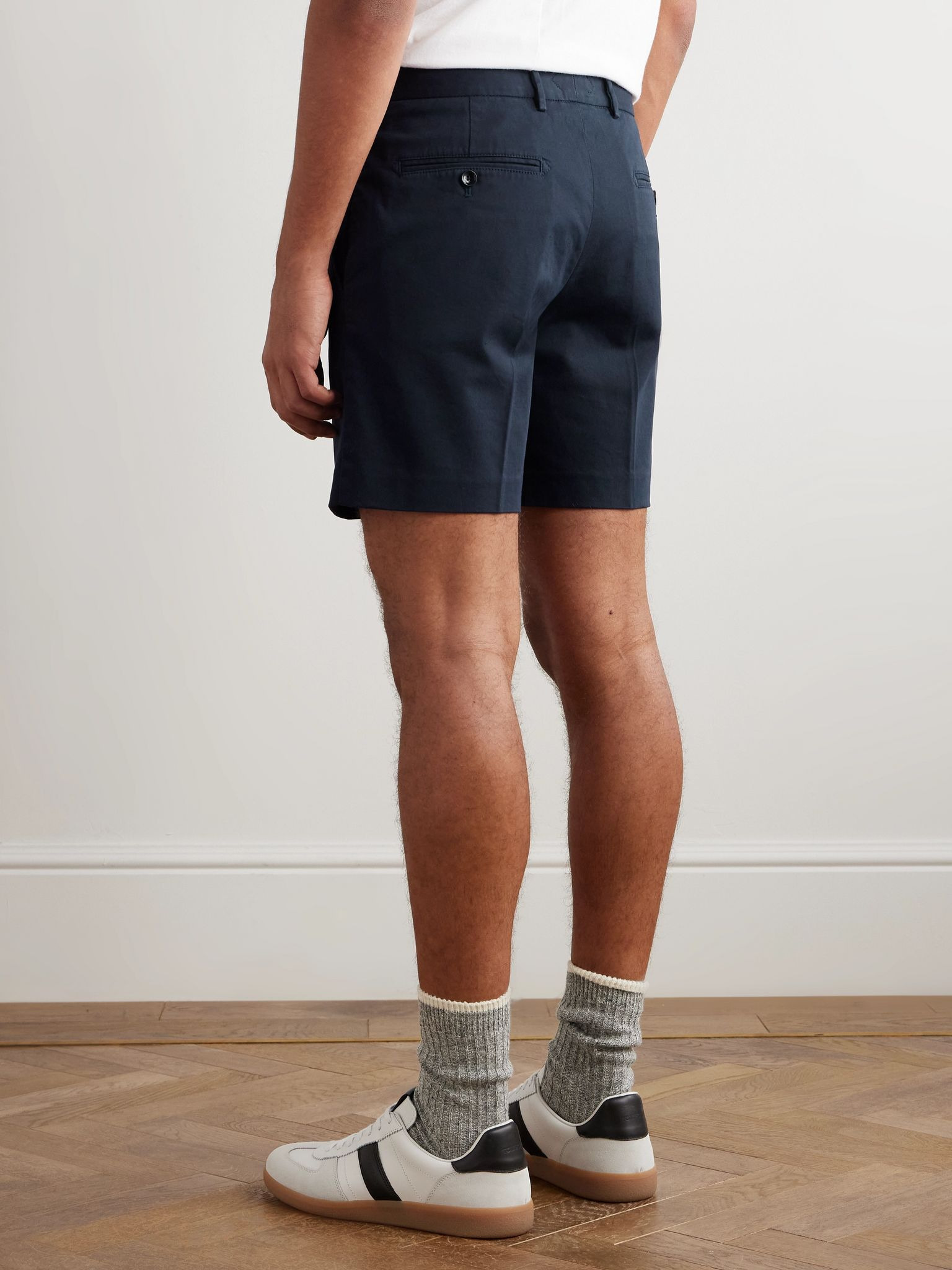 Straight-Leg Pleated Stretch-Cotton Twill Shorts Navy - 4