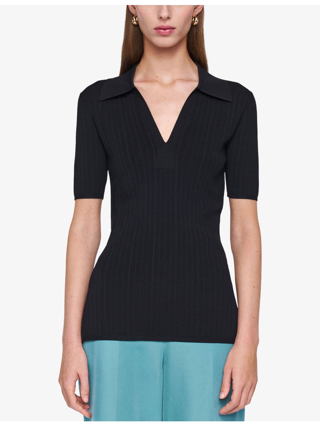 Ribbed V-Neck Knitted Polo Top - 3