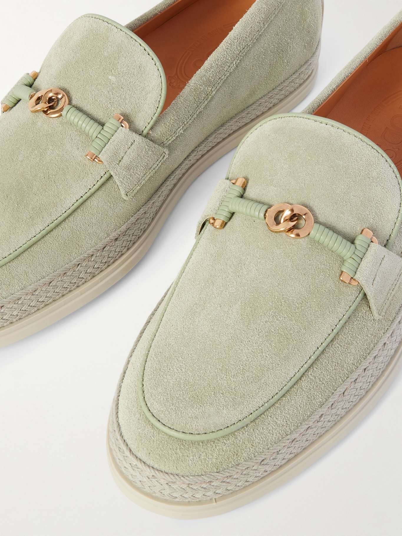 Gomma embellished leather and raffia-trimmed suede loafers Sage green - 4