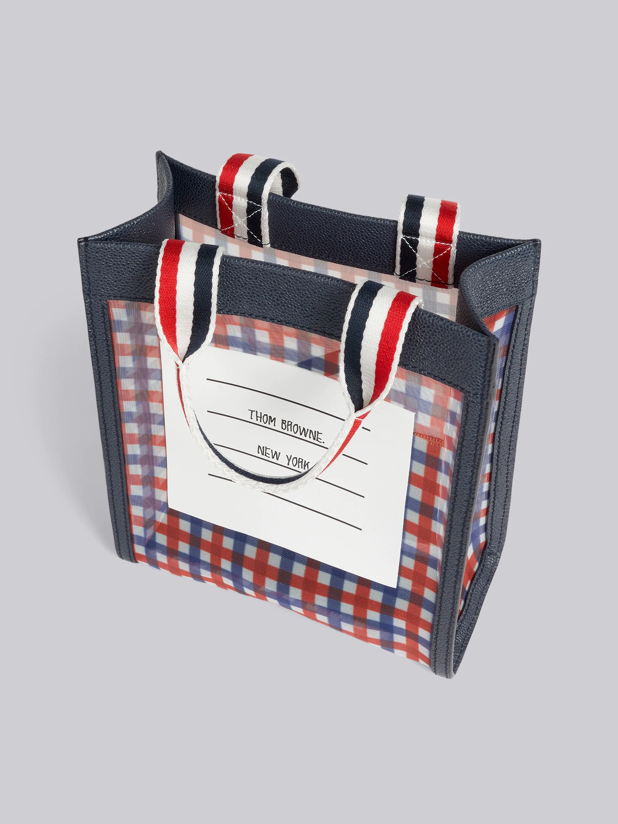 Multicolor Gingham Printed Mesh Paper Label Stripe Handle Small Tote - 5