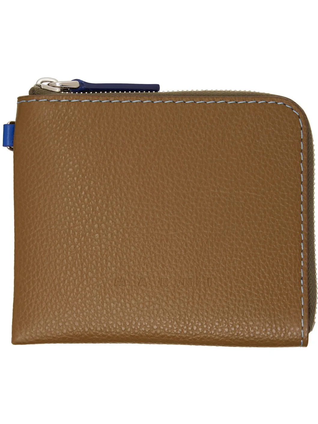 Khaki Contrast Stitching Leather Zip Wallet - 1