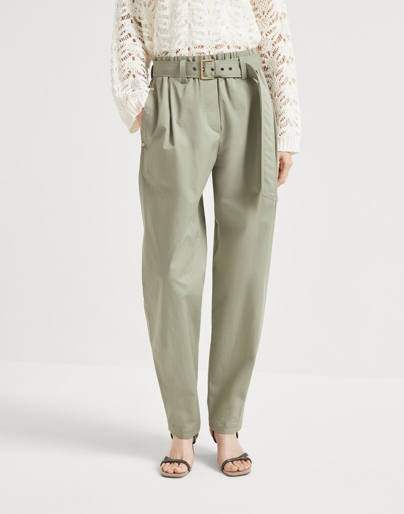 Stretch cotton gabardine baggy belted pull on trousers 1