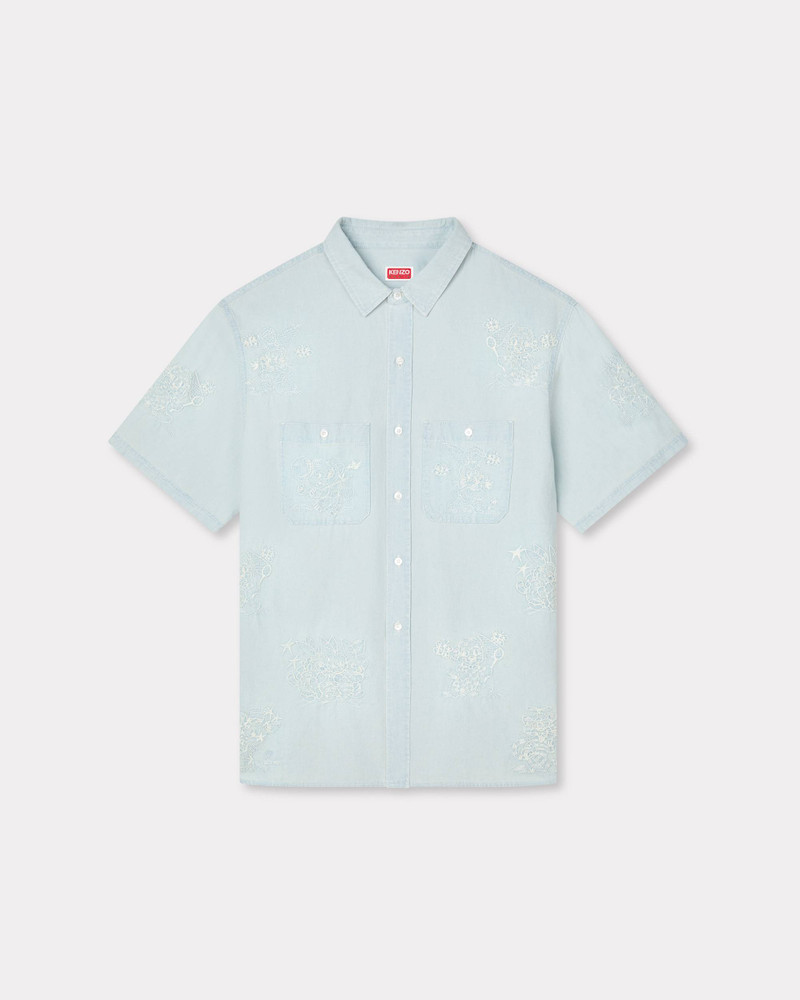 'KENZO Cartoon' embroidered short sleeve shirt in stone bleach chambray 1