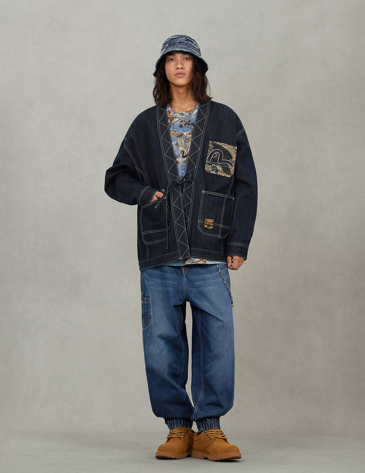 Multi-Pocket with Brocade Patch Relax Fit Denim Kimono - 7