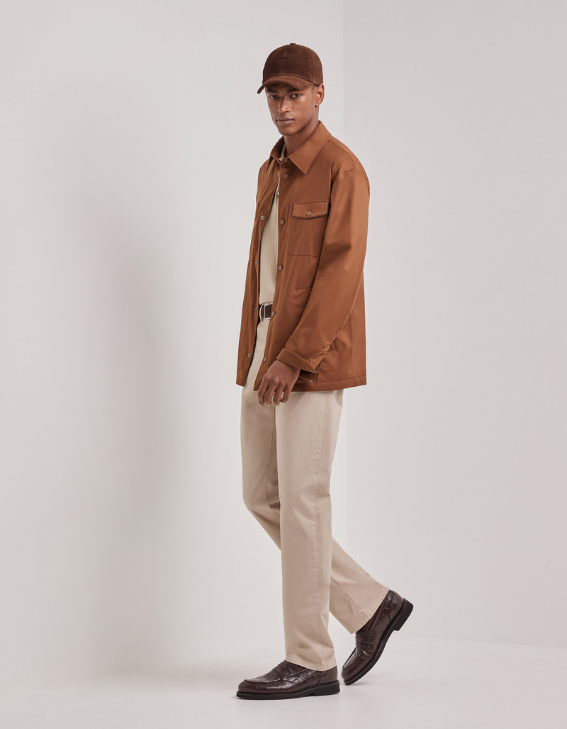 CARAMEL MIXED-MATERIAL ULTRALIGHT SUEDE BOMBER JACKET WITH KNIT INSERTS 173