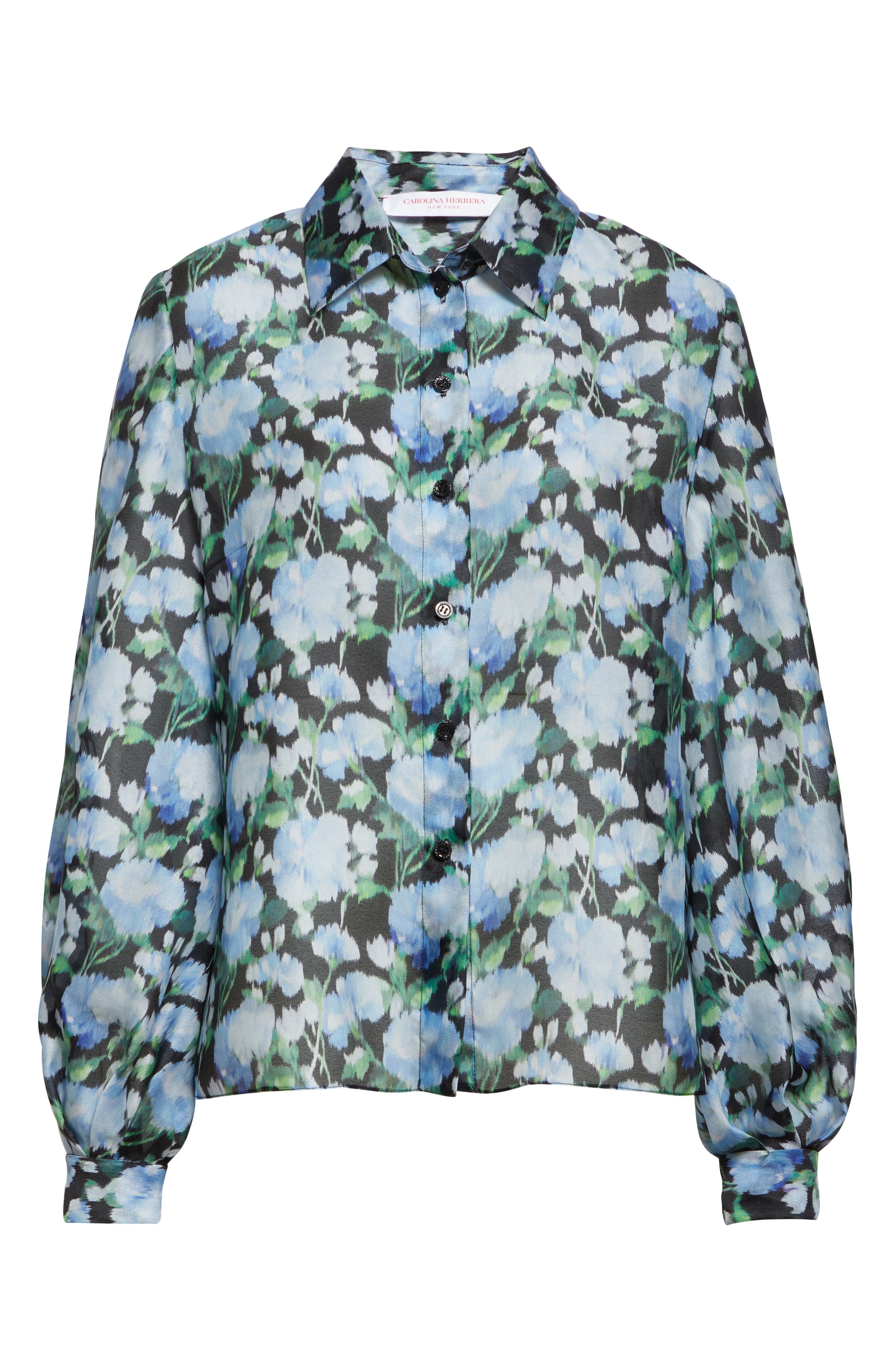 Carolina Herrera Peony Print Silk Organza Button-Up Shirt in Blue Multi at Nordstrom - 6