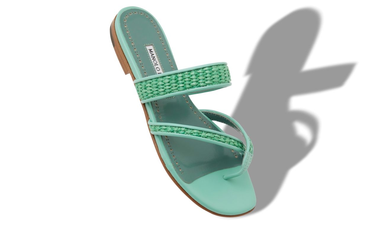 Green Raffia Flat Sandals - 2