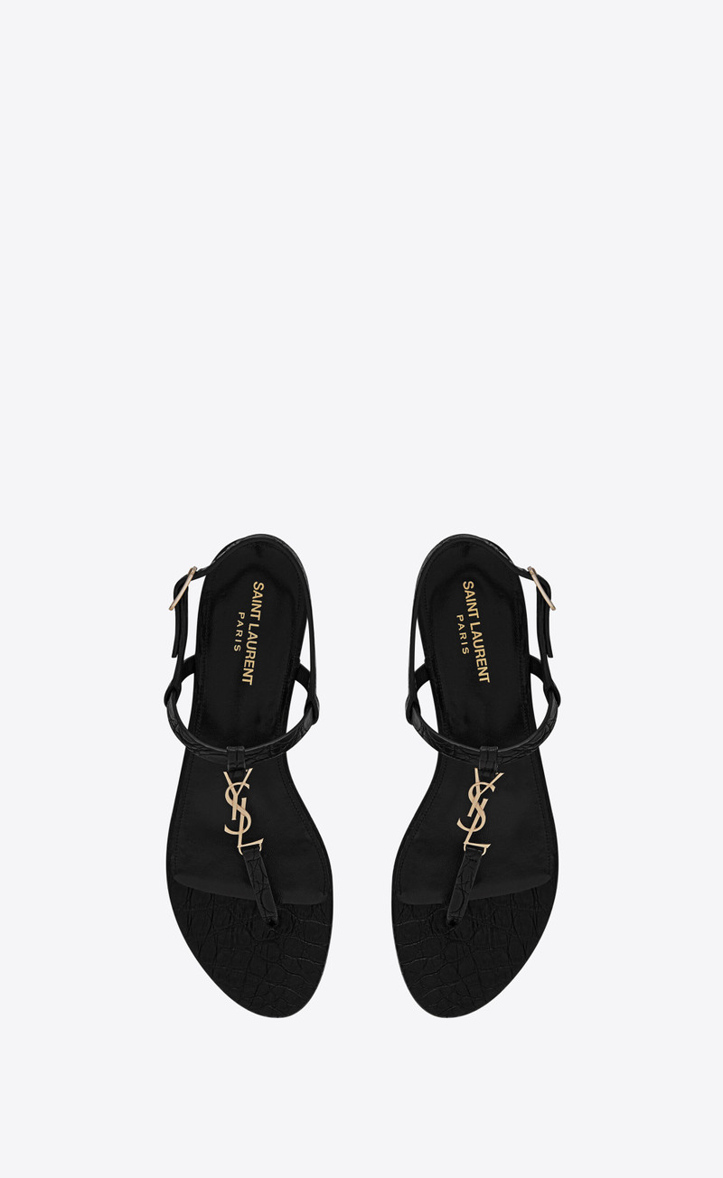 SAINT LAURENT cassandra flat sandals in crocodile-embossed leather with pale gold-tone monogram outlook
