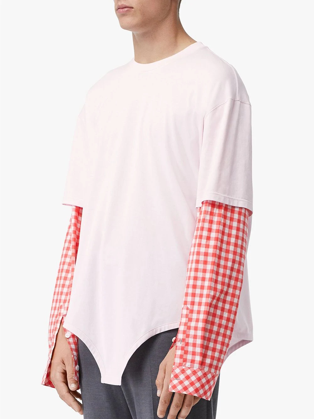 gingham sleeve cut-out hem T-shirt - 3