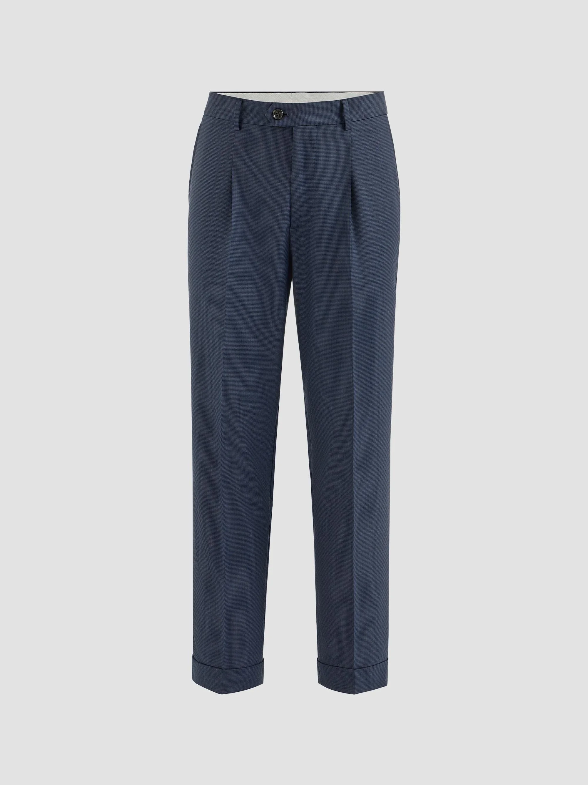 Men's Virgin Wool Houndstooth Trousers with Pleats - Navy Blue - 1