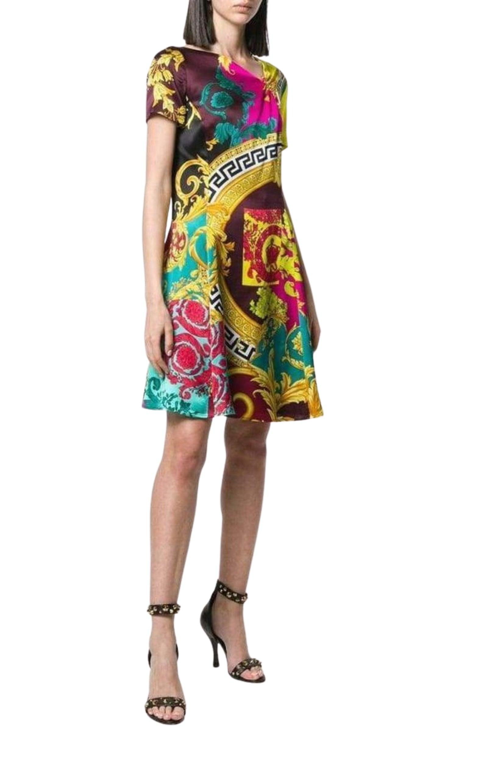 Short-Sleeve Multicolored Silk Dress - 3