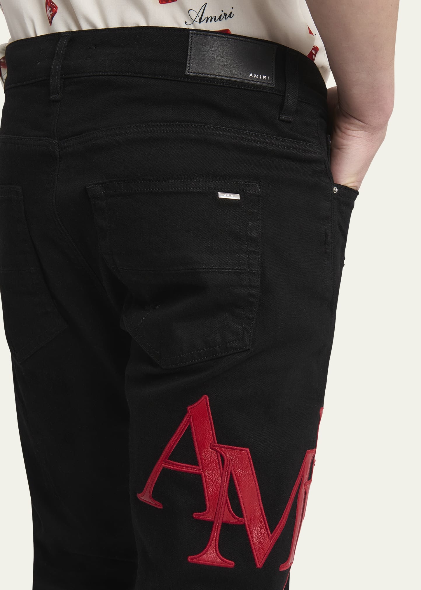 Men's Staggered Leather Logo Skinny Jeans - 5
