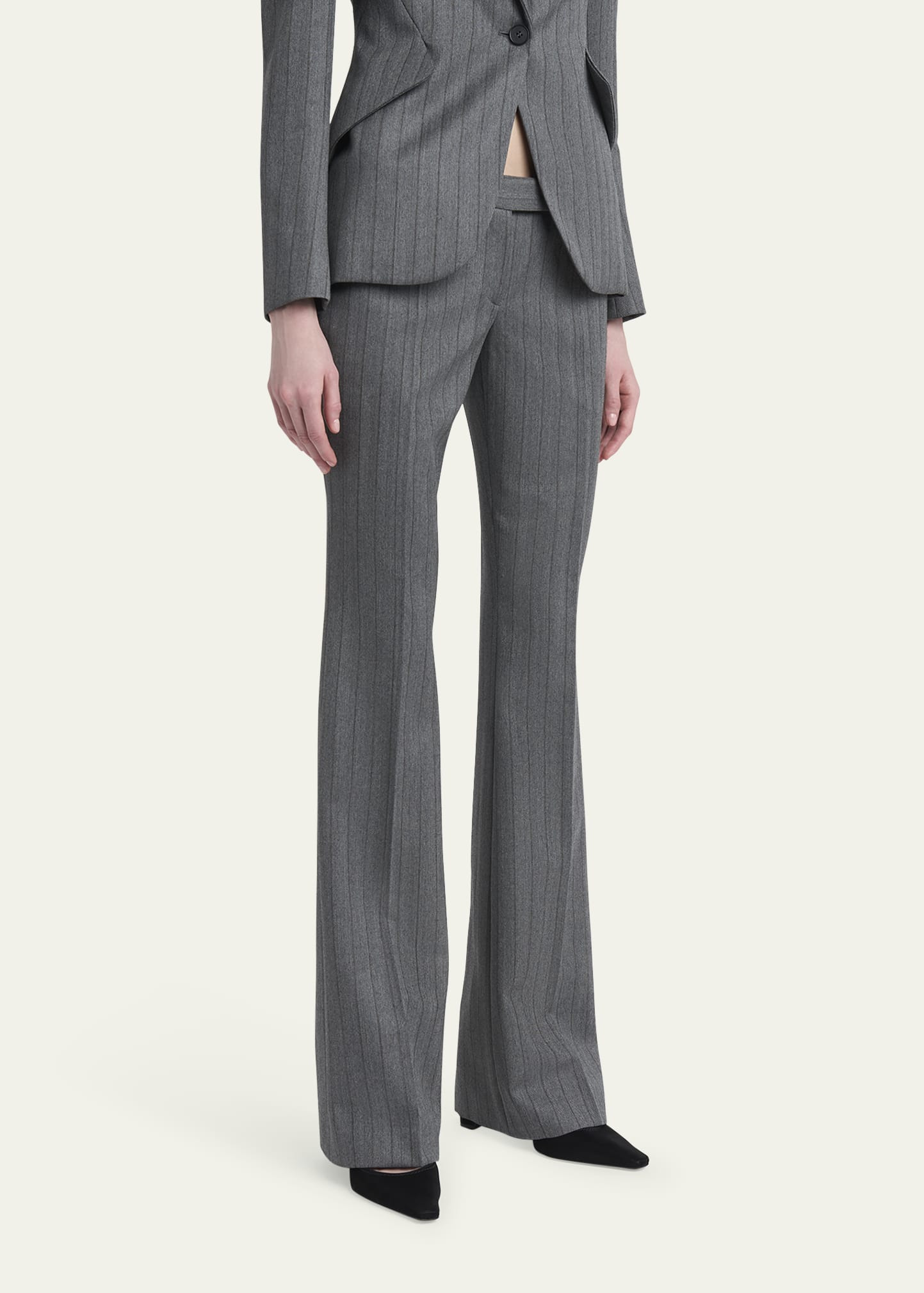 Low-Rise Herringbone Striped Flare Trousers - 4