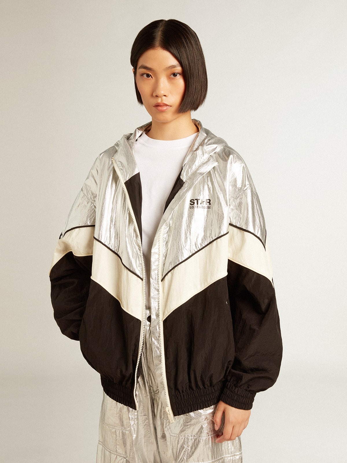 Women's windcheater in silver and black technical fabric - 5