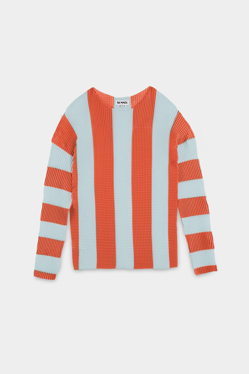 SUNNEI PLEATED LONGSLEEVE / red & pale blue stripes outlook