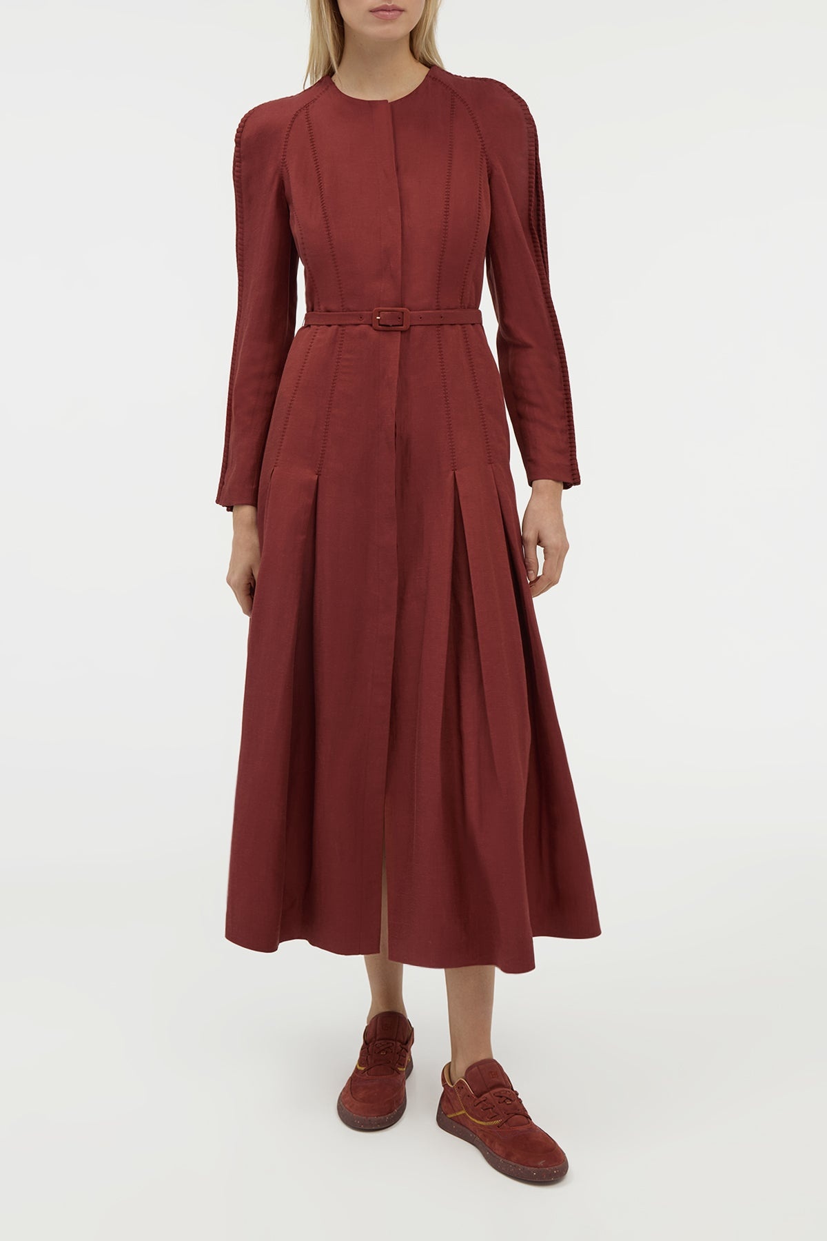 Niles Pleated Maxi Shirtdress in Burnt Sienna Linen Silk Twill - 2