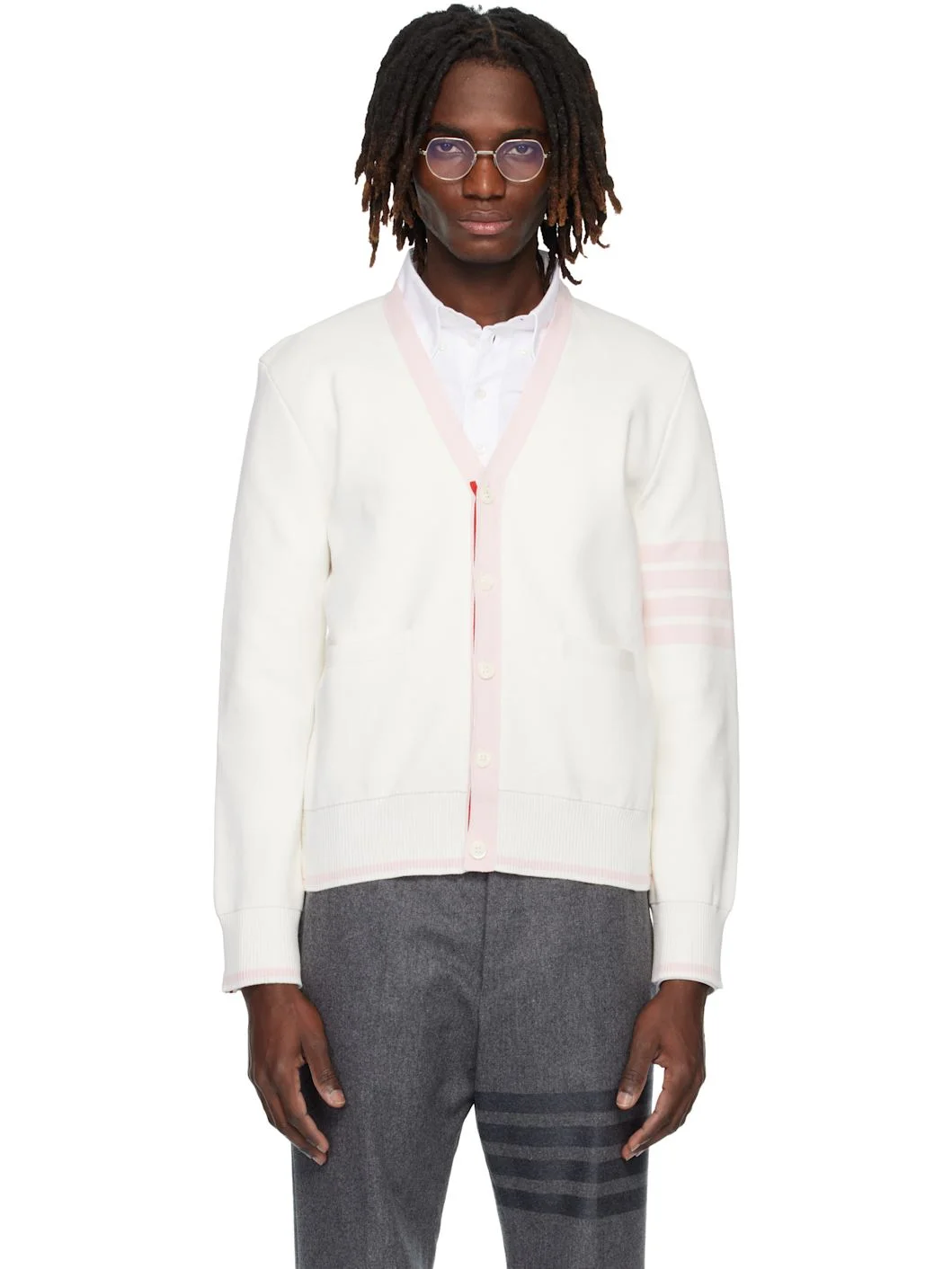 White Cotton 4-Bar Milano Classic V-Neck Cardigan - 1