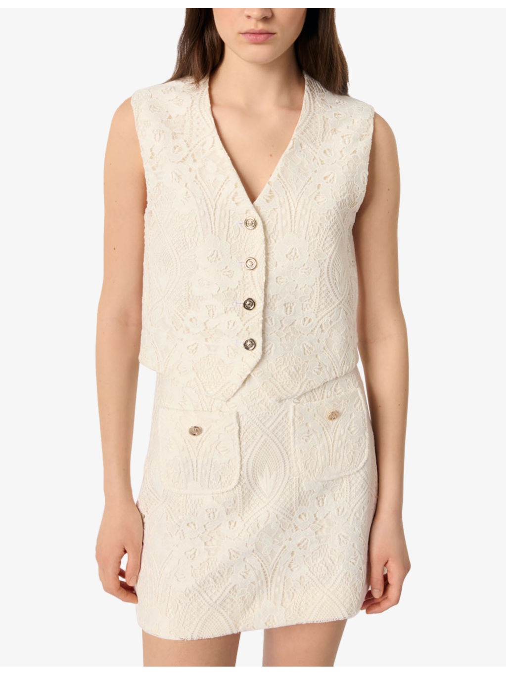 Lace-Embroidered V-neck Stretch-Woven Waistcoat - 3