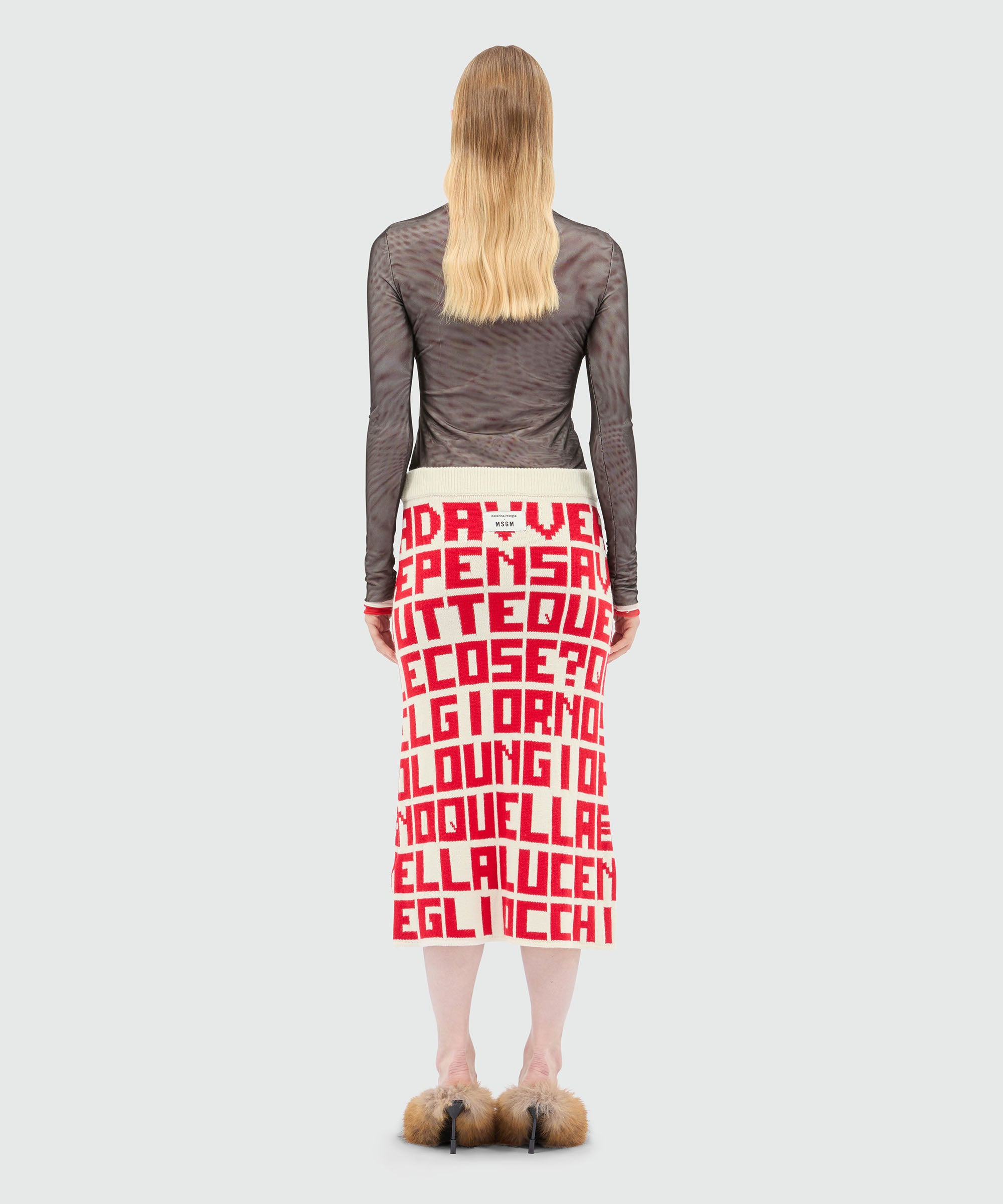 Cream jacquard knit skirt with red lettering by Caterina Frongia x MSGM - 3