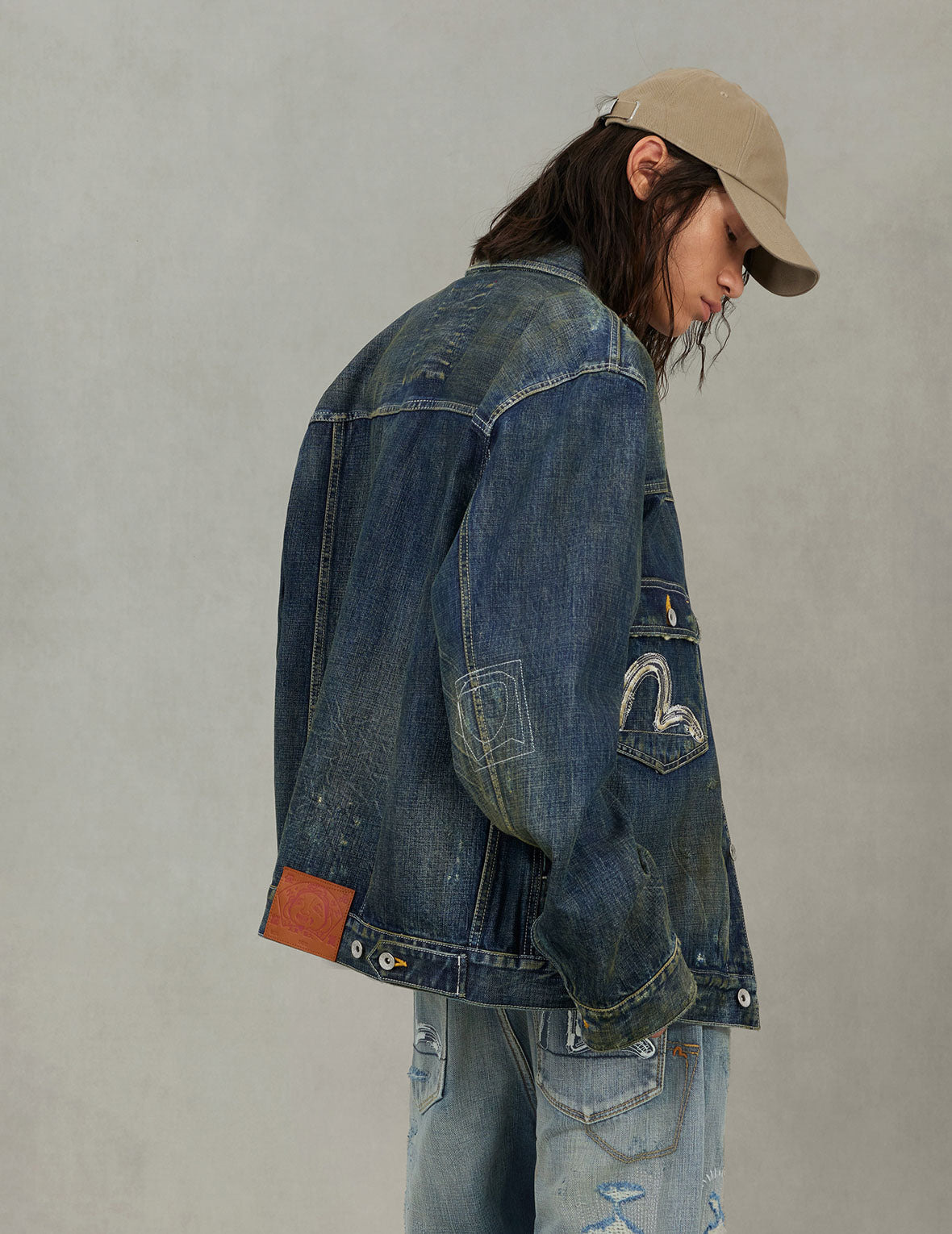 Washed Seagull Embroidery Relax Fit Denim Jacket - 7