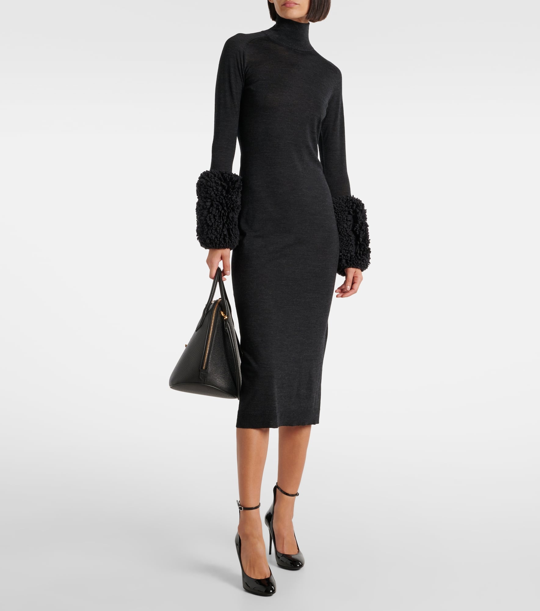 Faux shearling-trimmed virgin wool midi dress - 2