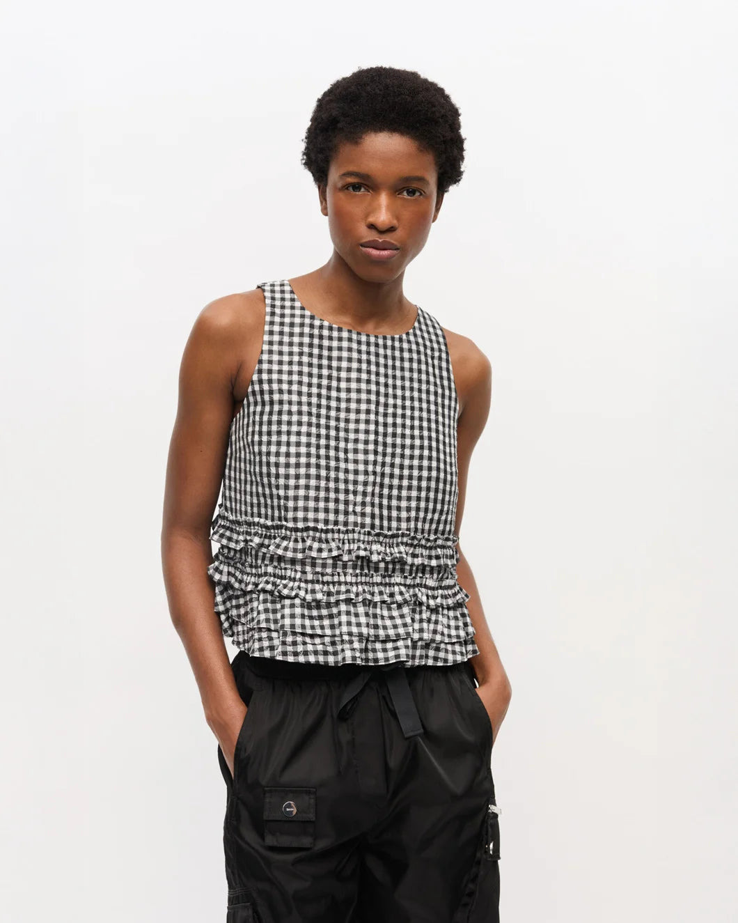 CRINKLED CHECK FRILL TOP - 2