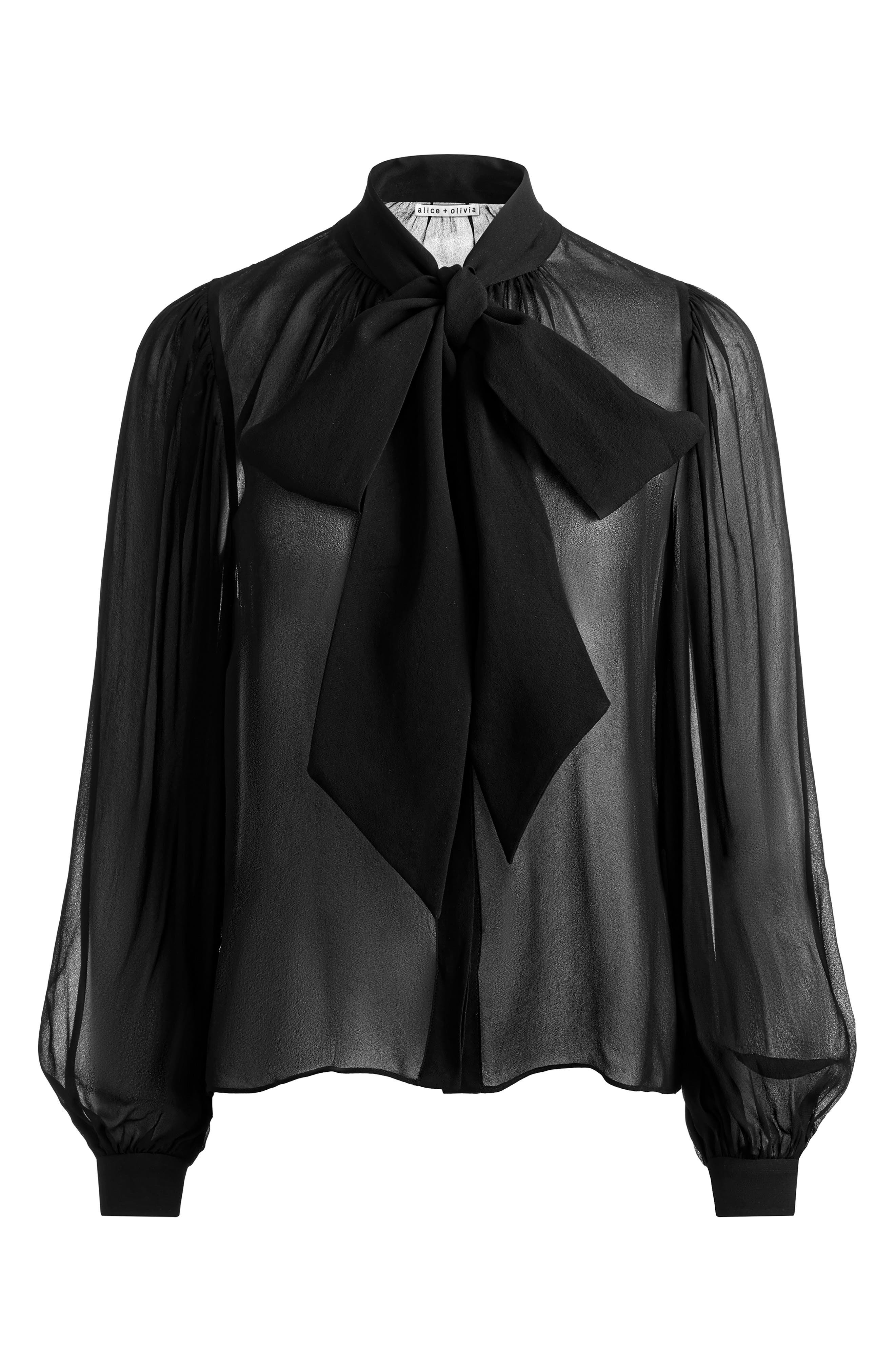 Alice + Olivia Brentley Tie Neck Sheer Long Sleeve Button-Up Shirt in Black at Nordstrom - 4