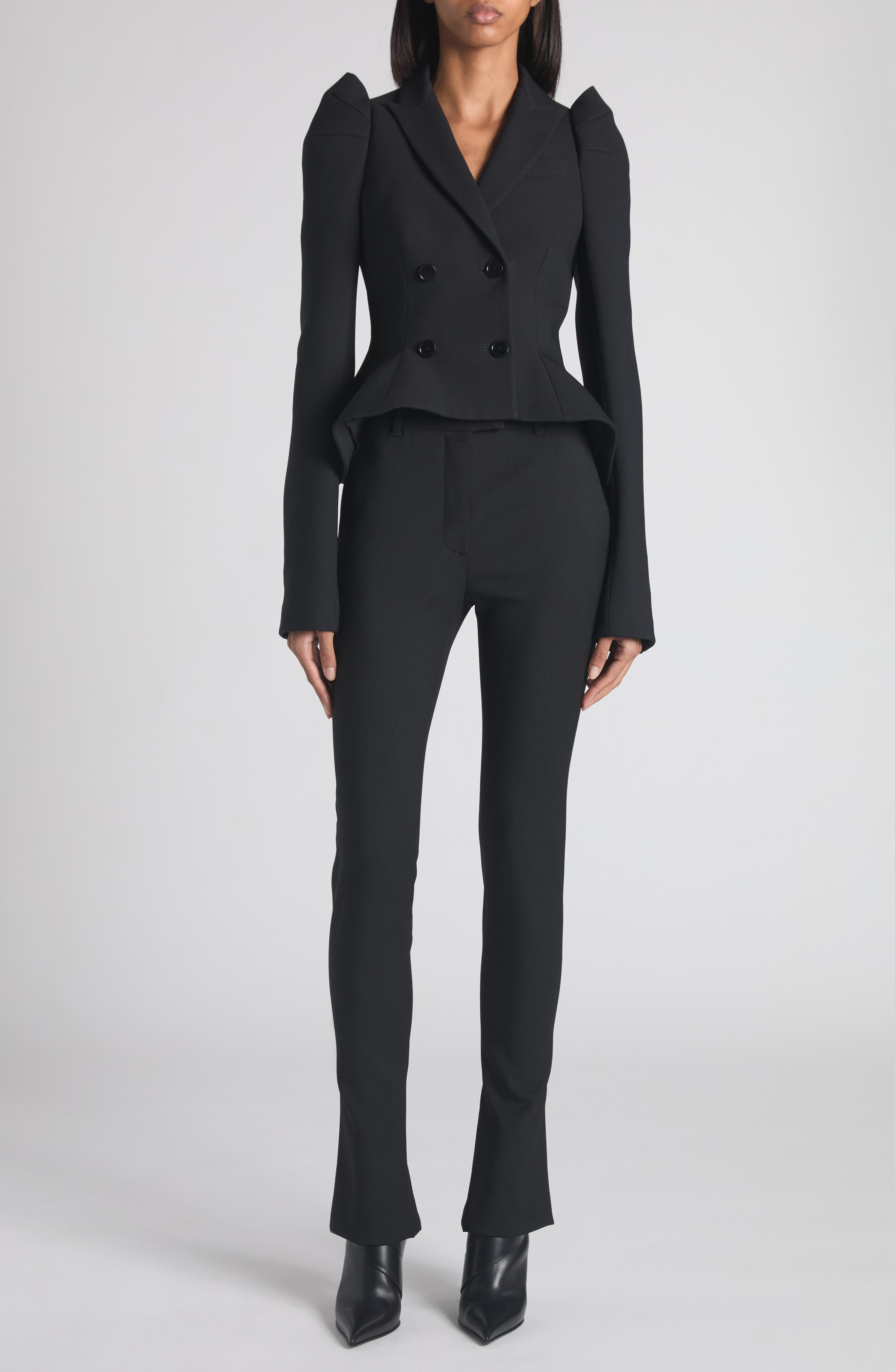 McQueen Pleated Puff Shoulder Stretch Wool Crop Jacket in Black at Nordstrom - 2