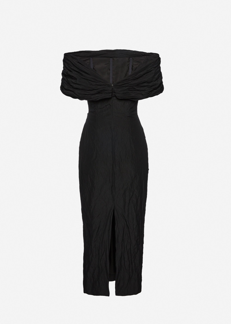 Off-shoulder draped midi dress in black 2