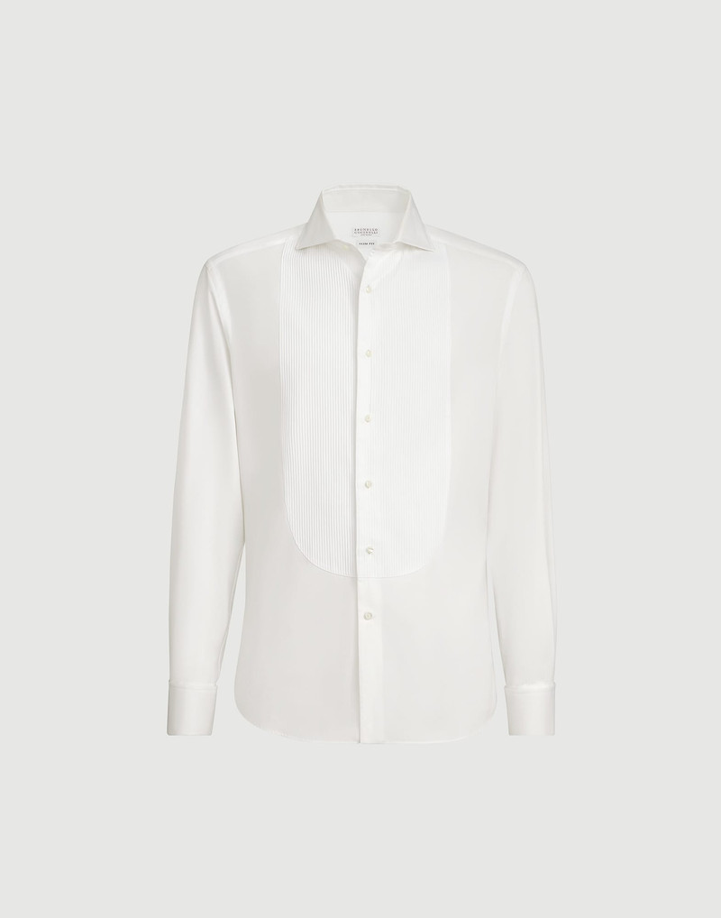 Sea Island cotton twill slim fit tuxedo shirt with pleated bib, spread collar and French cuffs 1