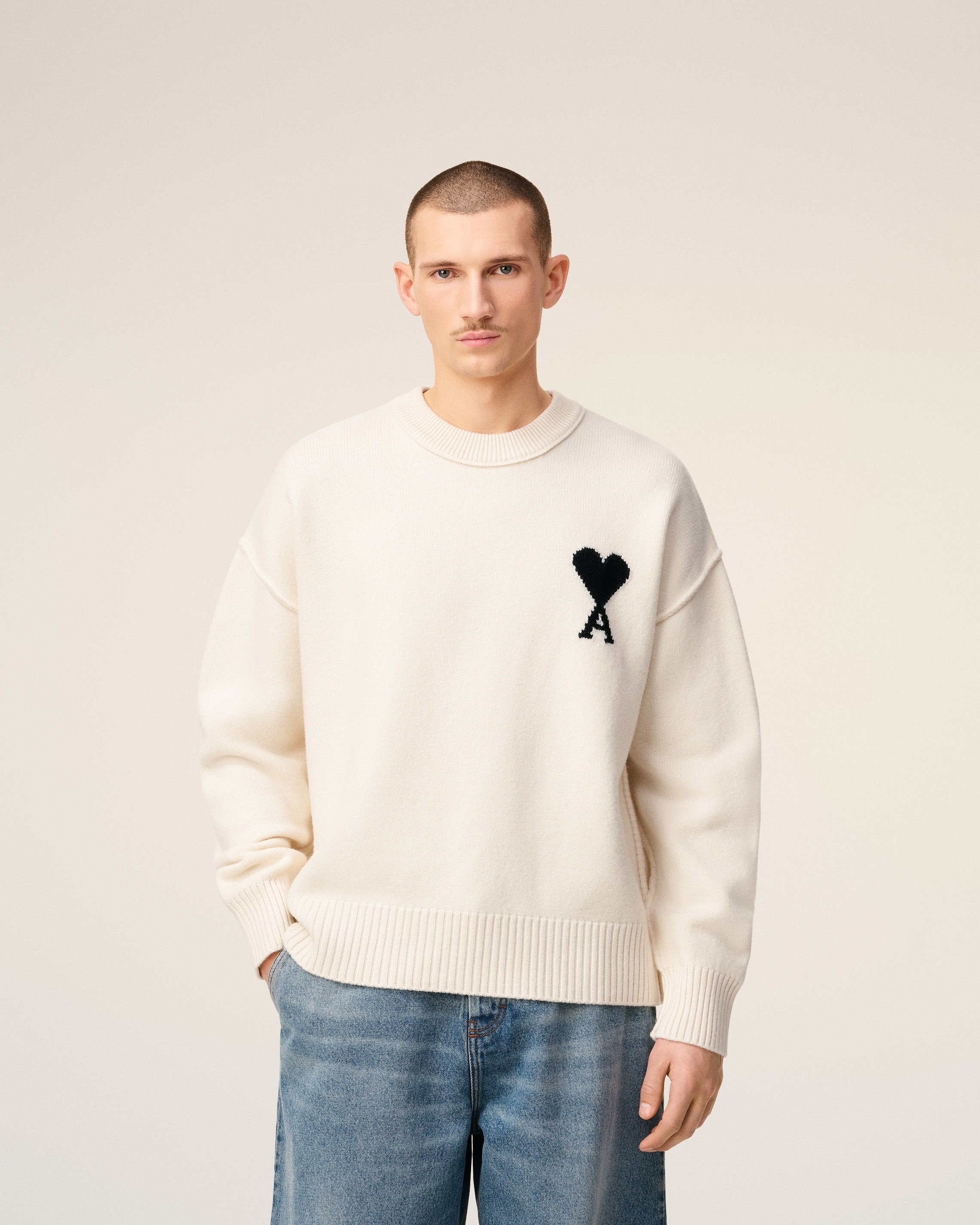WHITE WOOL AMI DE COEUR CREWNECK SWEATER - 8