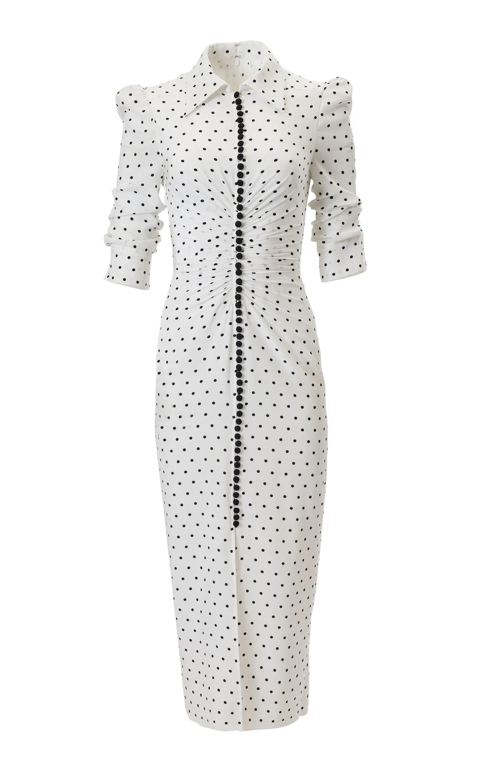 Ruched Dot-Print Double Crepe de Chine Shirt Dress black/white - 1