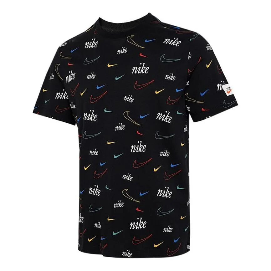 Men's Nike Logo Full Print Sports Training Short Sleeve Black T-Shirt DJ1392-010 - 1