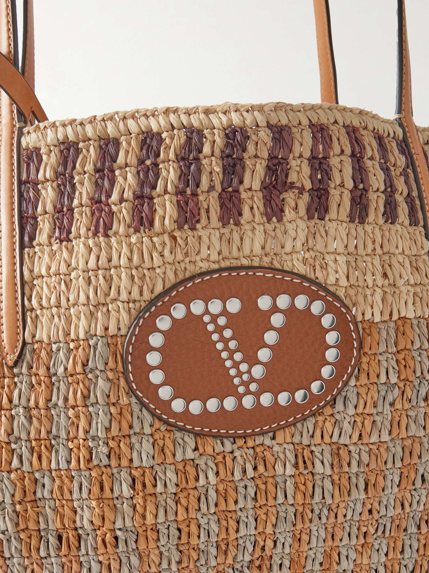 VLogo leather-trimmed raffia tote Brown - 4