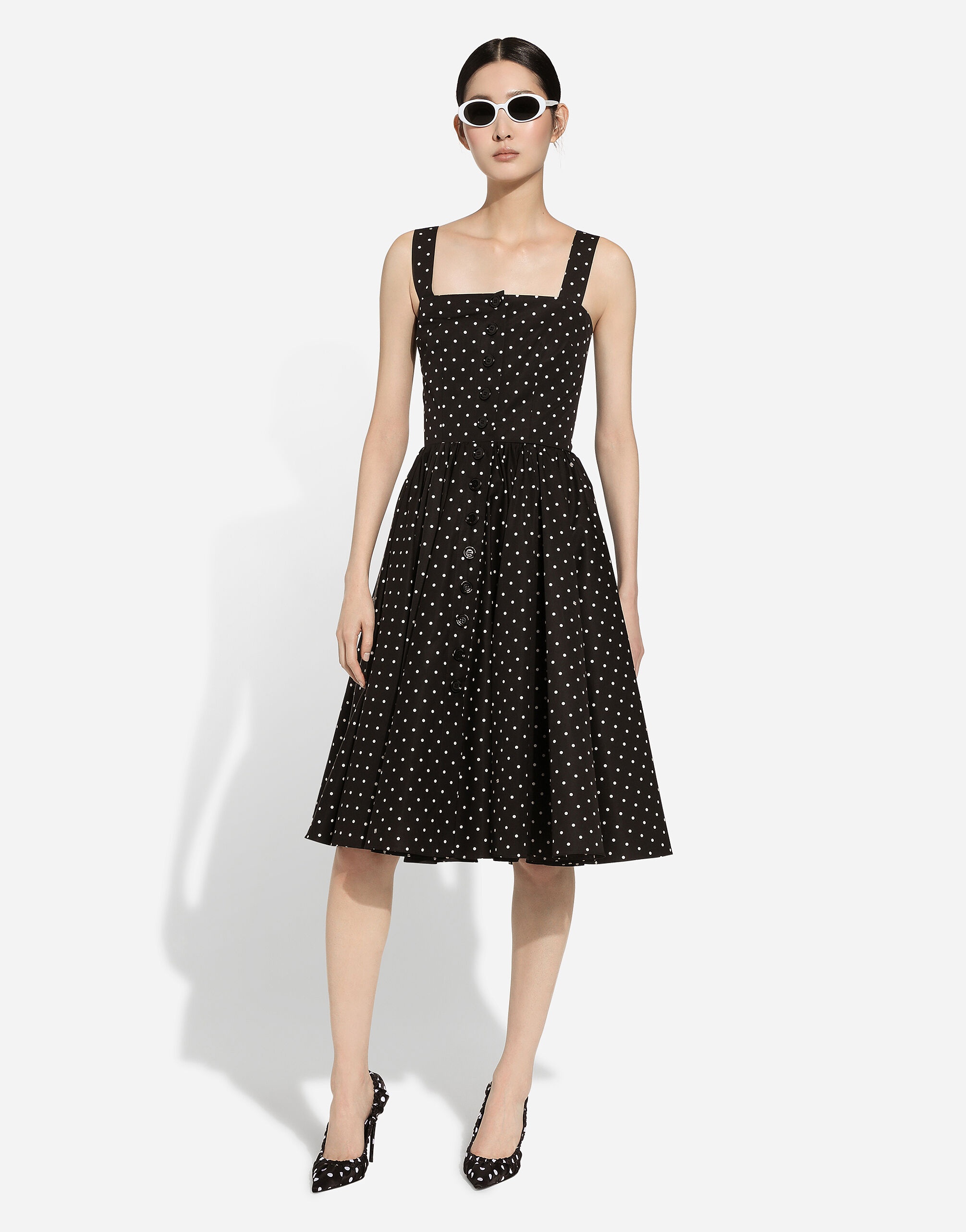 Calf-length cotton dress with polka-dot print - 6