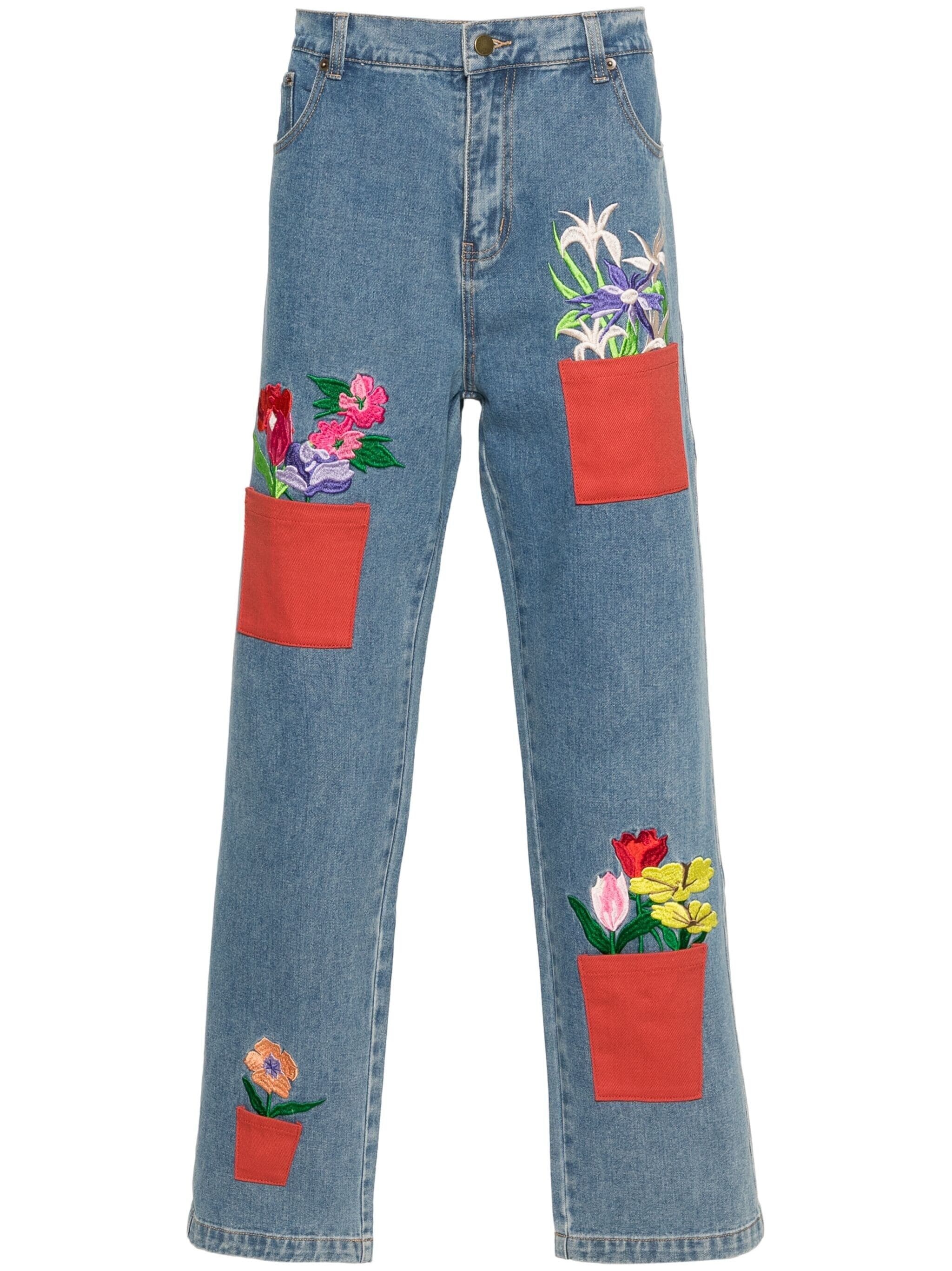 flower-pots embroidered tapered jeans - 1