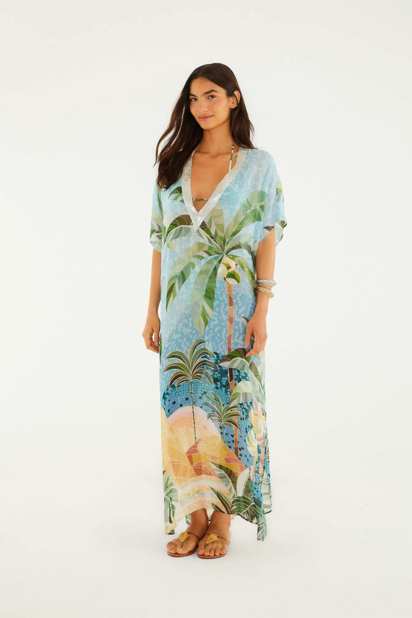 Blue Embroidered Side Slits Maxi Kimono - 1