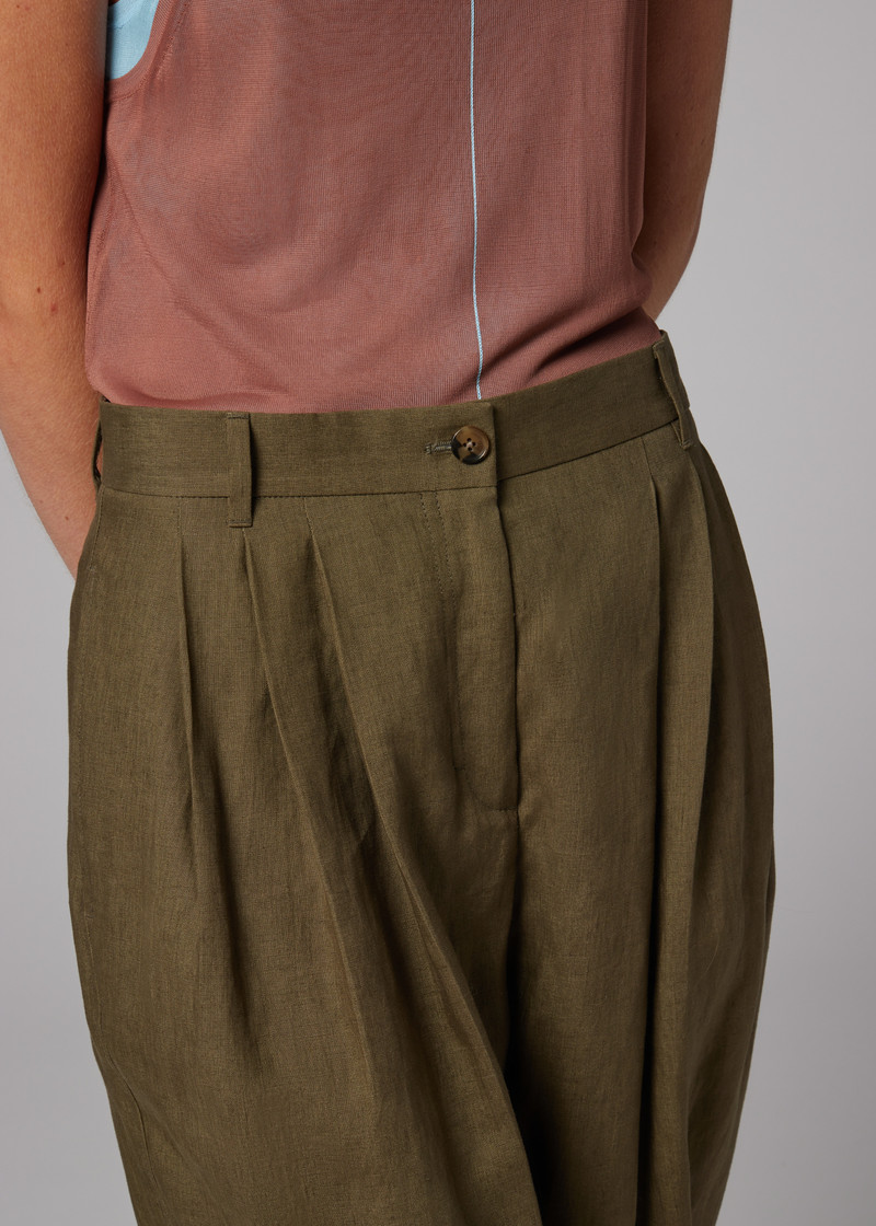 Women's Khaki Pleated Linen Trousers 8