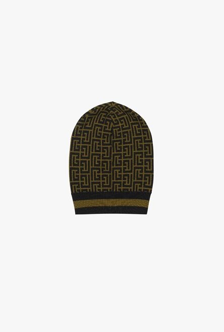 Khaki and black wool beanie with Balmain monogram - 1